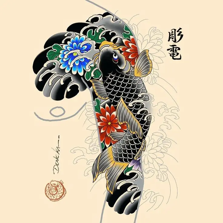 Hình xăm cá chép full tay trắng đen - Ý nghĩa sâu sắc 12