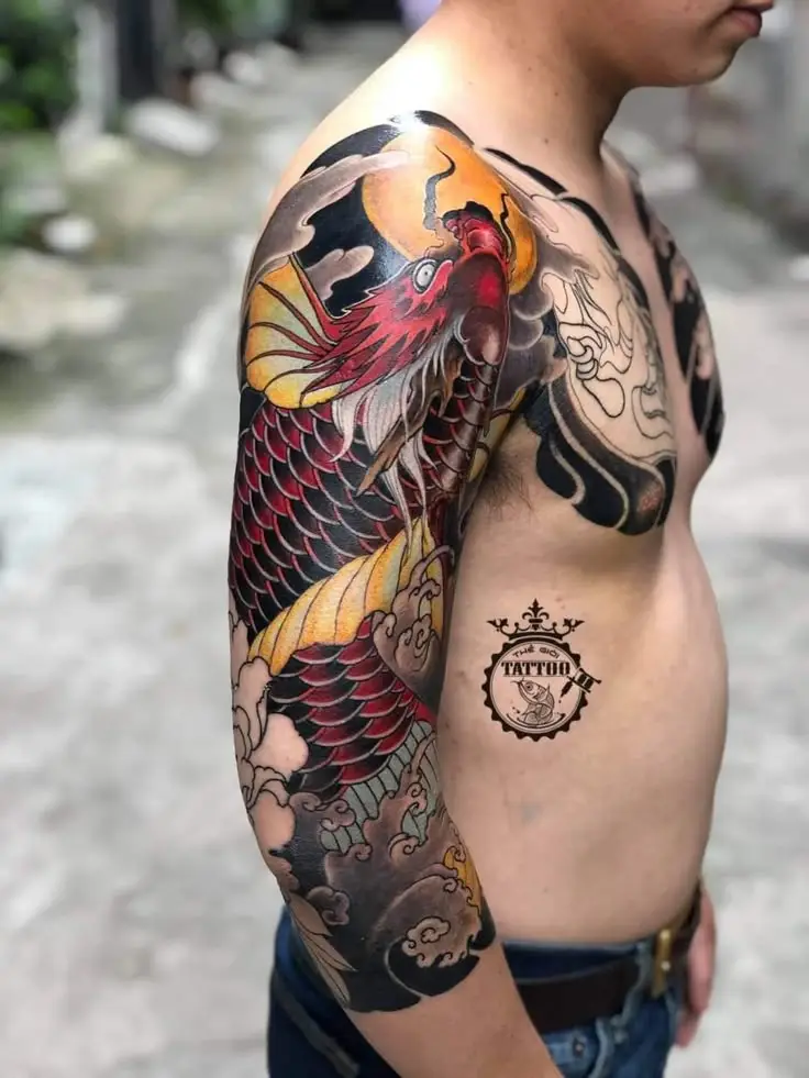 Hình xăm cá chép full tay trắng đen - Ý nghĩa sâu sắc 19