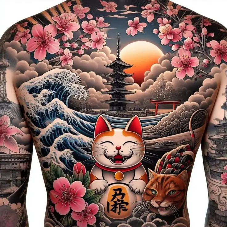 Ý Nghĩa Hình Xăm Mèo Thần Tài Full Lưng 17